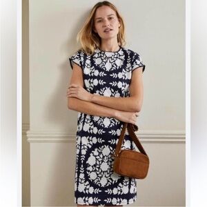 Boden Shirt Dress Bauble Trim Cotton Navy Blue White Floral Long Size 12 Shift